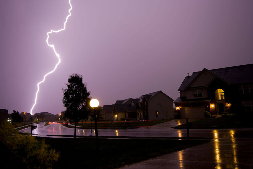 A neighborhood in a thunderstorm